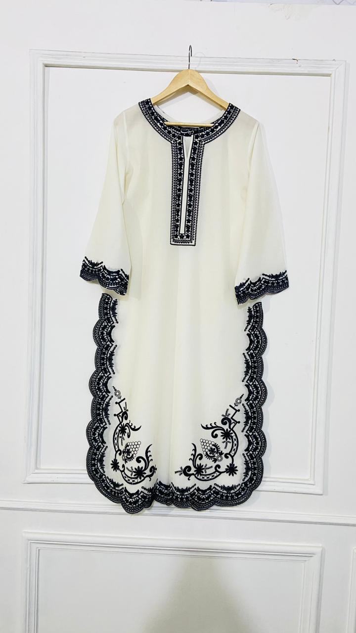 White & Black Embroidery Kurta