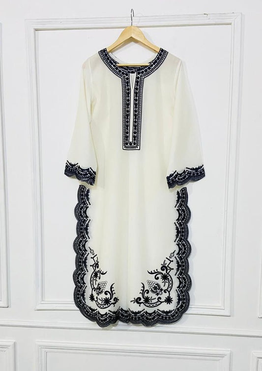 White & Black Embroidery Kurta