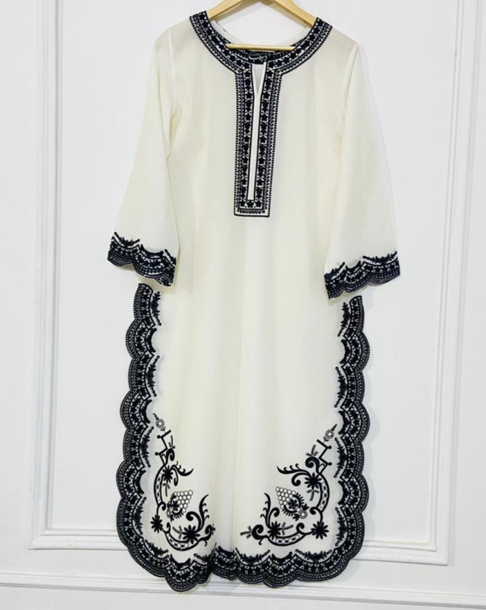 White & Black Embroidery Kurta