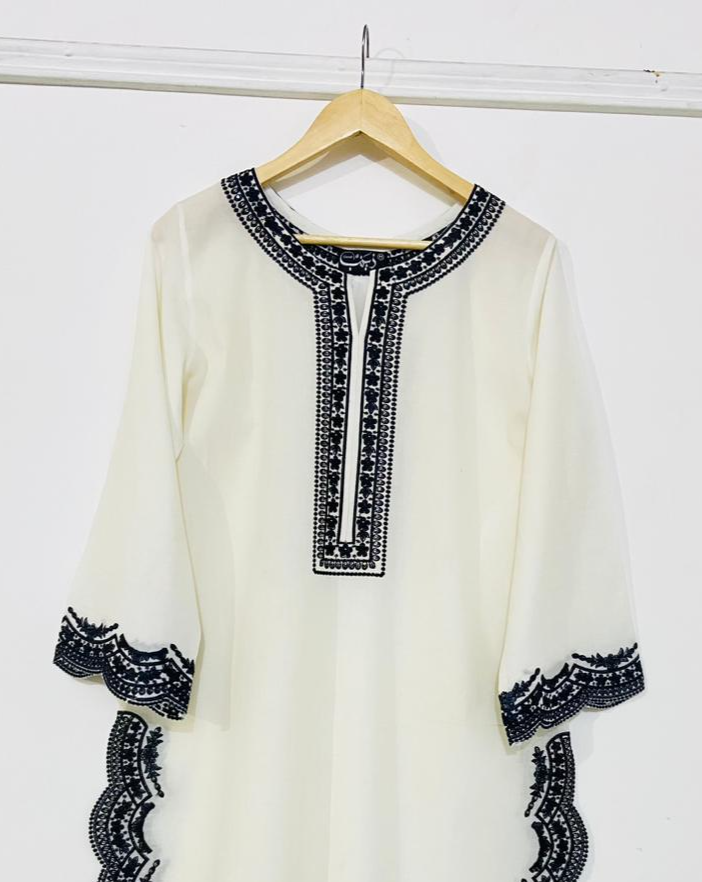 White & Black Embroidery Kurta