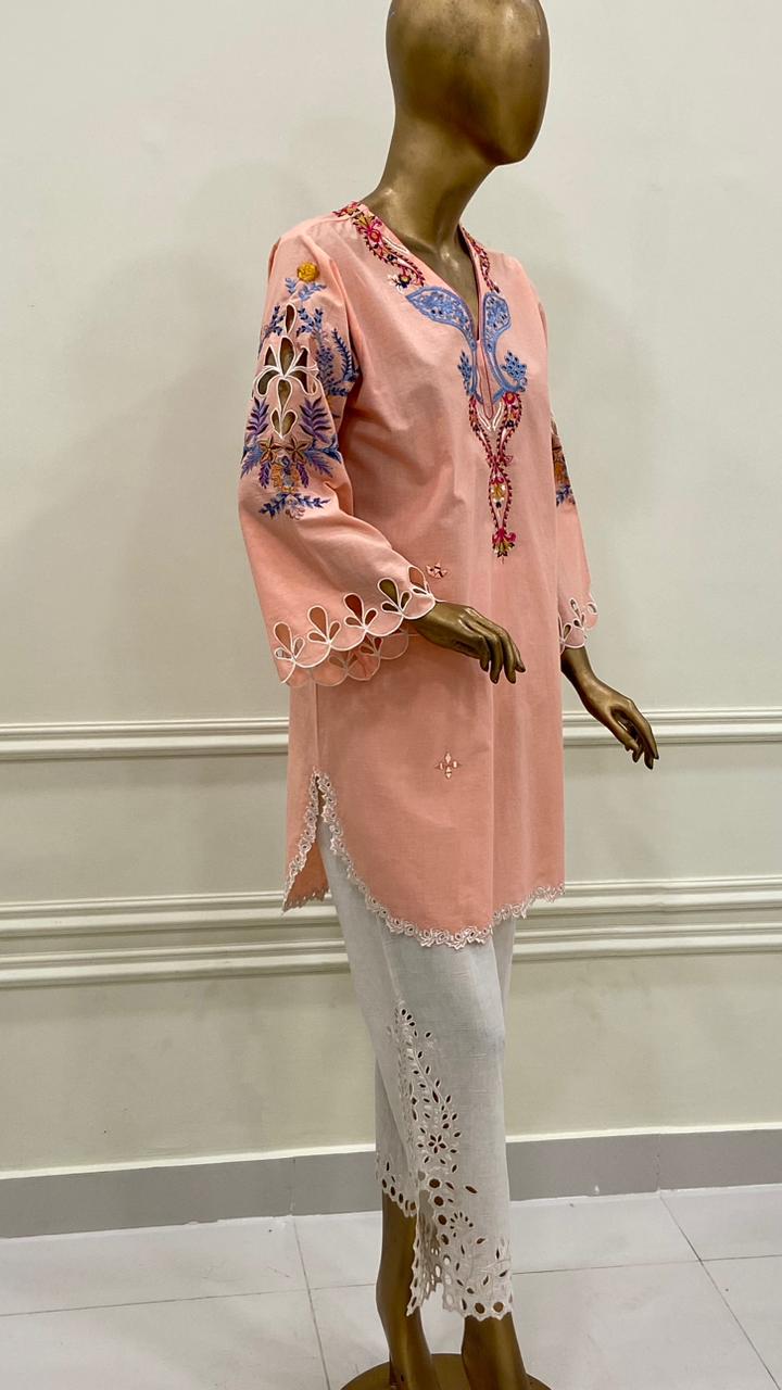 Peachy Pink & White Kurta